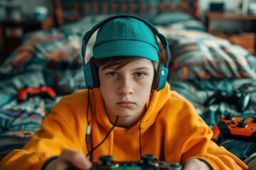 Teenager Plays Retro Video Games with Old-School Fun, Enjoying Classic Gaming Experience with Vintage Controllers and Headphones