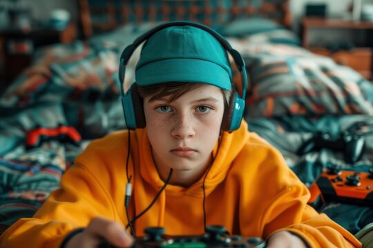 Teenager Plays Retro Video Games with Old-School Fun, Enjoying Classic Gaming Experience with Vintage Controllers and Headphones