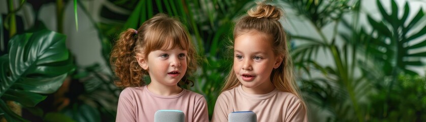 Two Children Talking to a Smart Speaker, Engaging in Interactive Technology with a Gadget, Kids Learning with Smart Devices, Voice Control for Children, Future of Learning, Young Girls Using Smart