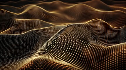 A digitally generated abstract background featuring a flowing, undulating wave pattern composed of numerous small, golden dots. The wave appears to shimmer and glow against a black background