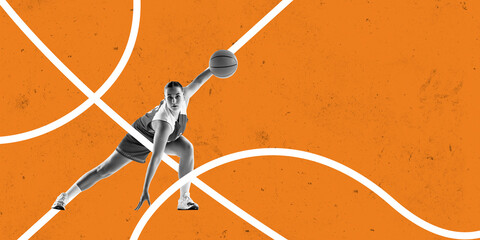 Black and white image of focused young woman, basketball player in motion, dribbling against...