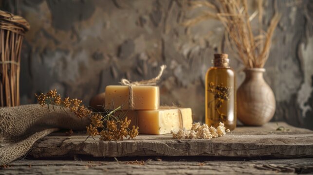 Handmade soaps and natural ingredients on rustic table