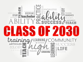 Class of 2030 - the group of students who graduated from high school or college in the year 2030, word cloud concept background