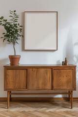A large wooden sideboard with an empty blank white picture frame hanging on the wall above it, accompanied by a potted plant.