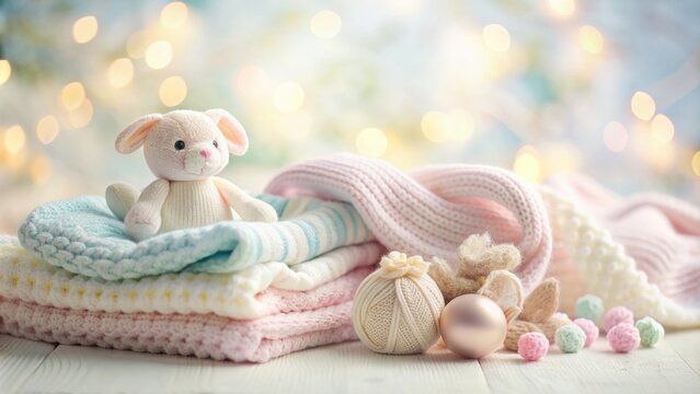 Soft focus serene background with gentle pastel colors featuring a delicate baby blanket and a few scattered baby toys.