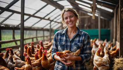 Happy female farmer on a rural farm with poultry and chicken eggs.