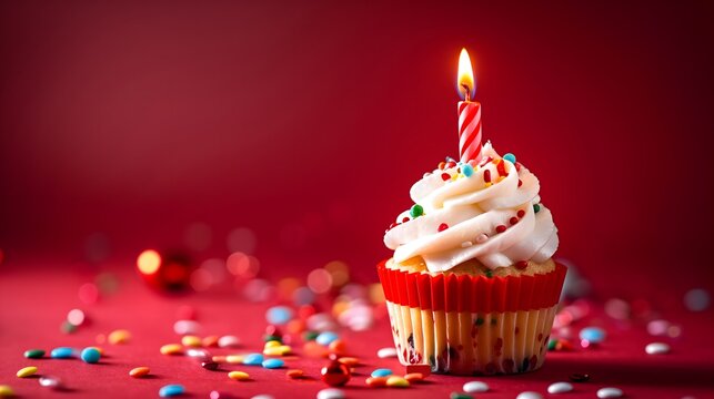 Celebration festive cupcakes, colorful frosting, single candles, birthday concepts, Valentine's Day themes, red background