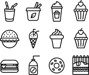 set off food and drink icon line art illustration.food, drink, beverage, restaurant, wine,  meal, lunch, breakfas