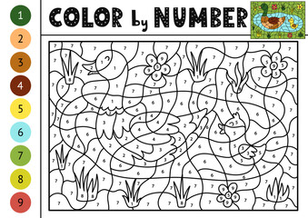 Color by number activity page for kids with a mother duck with her duckling in the pond. Farm animal  puzzle game for school and preschool. Vector illustration