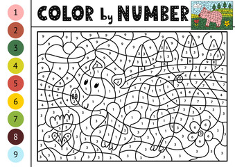 Color by number activity page for kids with a cute pig. Farm animal scene puzzle game for school and preschool. Vector illustration
