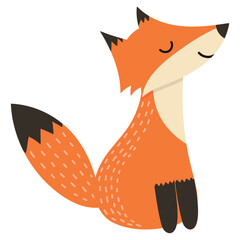 Cute fox in a sitting position. Forest character in cartoon style for kids design. Woodland animal isolated on white background. Vector illustration