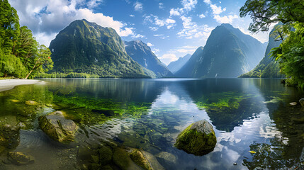 Stunning Mountain Lake with Crystal Clear Water and Lush Greenery