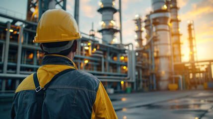 A man in a yellow hard hat stands in front of a large industrial plant. The sky is orange and the sun is setting