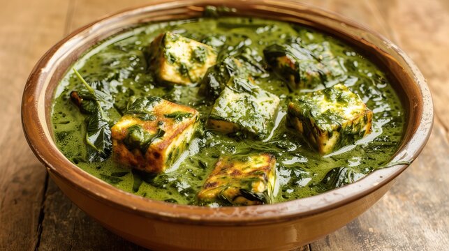 Indian vegetarian dish palak paneer with spinach and paneer cubes in bowl delicious meal