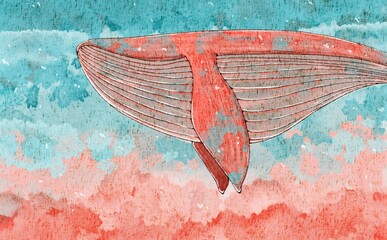 夕焼け　空飛ぶ鯨　ファンタジー　水彩　背景　 © maqi