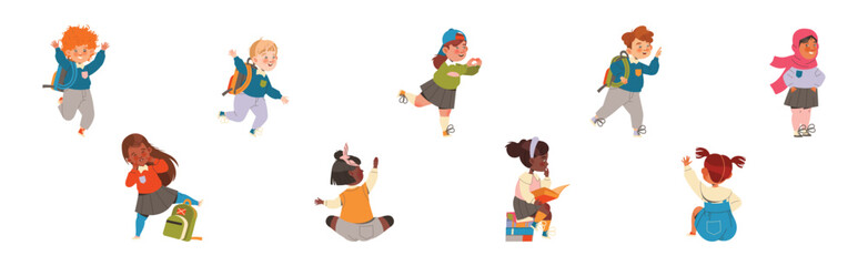 Boy and Girl First Grader with Backpack Cheering and Having Fun Vector Illustration Set