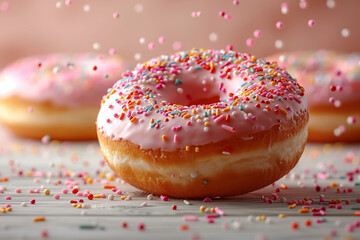Donut with pink frosting and sprinkles, sweet dessert concept