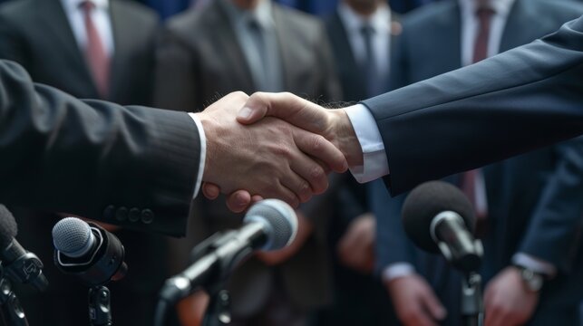 Political collaboration handshake at press conference with microphones, reporters, and logo backdrop