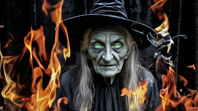 Ancient old woman wizard witch with burning fire on black backdrop