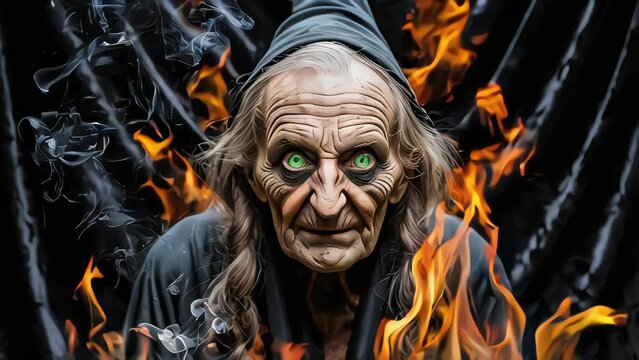 Ancient old woman sorcery wizard witch with burning fire on black backdrop