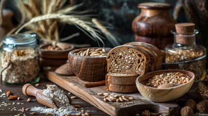 Fototapeta premium Whole grain breads and cereals in rustic kitchen, wholesome diet concept with realistic photo