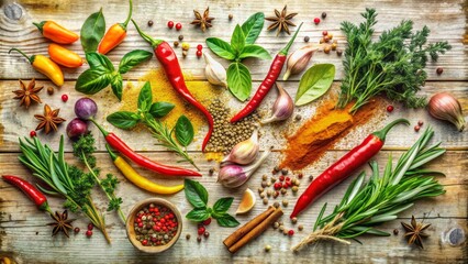 Fototapeta premium Vibrant watercolor illustration of assorted spicy herbs scattered artfully across a distressed light wooden background, evoking warmth and culinary creativity.
