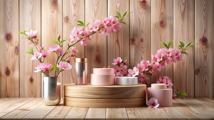 Pink spring flowers surround a sleek 3D white podium on a natural wood-grain background, showcasing beauty products in an elegant display.