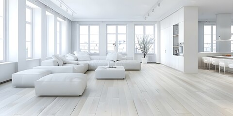 Elegant White Living Room with Couch, Coffee Table, and Ottoman Seating. Concept Home Decor, Elegant Living Room, White Furniture, Couch, Coffee Table, Ottoman Seating