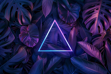 Tropical plants and leaves with neon glowing triangles in a frame on a dark background, in a flat lay composition, depicting a nature concept. A creative color layout.