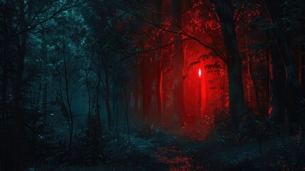 Horror Forest Scene: Red Light in Scary Night Landscape with Dark and Eerie Atmosphere