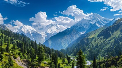 Fototapeta premium Majestic Mountain Range with Lush Green Valley and River.