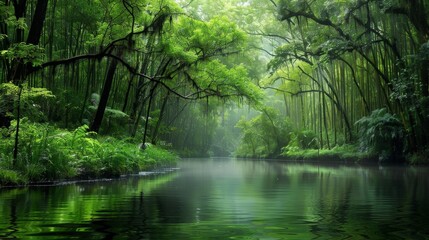 Obraz premium Tranquil River Through Lush Green Forest.