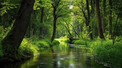 Tranquil Stream in Lush Green Forest.