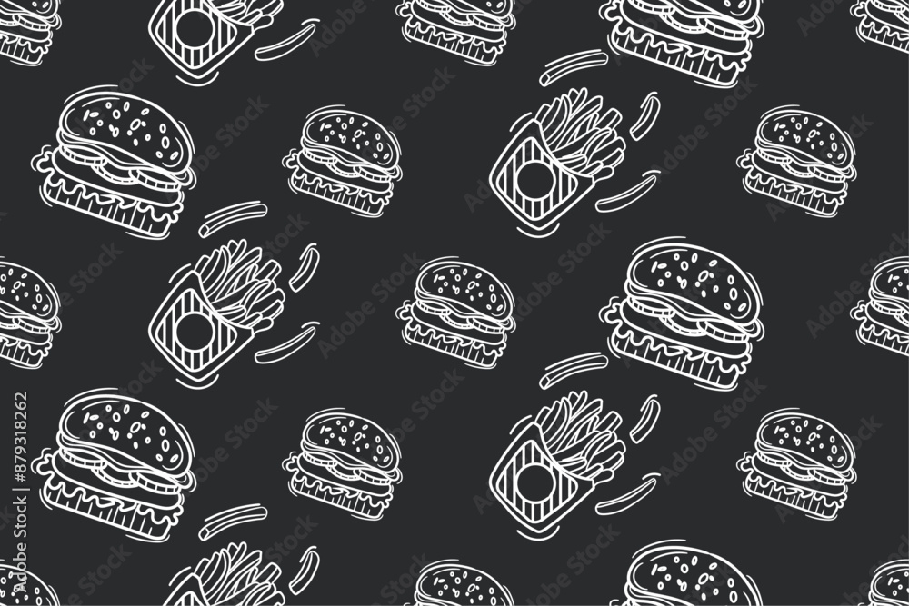 Aufkleber black background and hamburgers alternating with fries. monochrome background on the theme of fast f