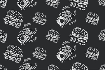 Black background and hamburgers alternating with fries. Monochrome background on the theme of fast food.