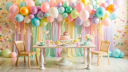 Vibrant pastel balloons, streamers, and confetti adorn a whimsical toddler-sized table setting amidst a soft focus, dreamy, creamy birthday wonderland backdrop.