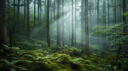 Obraz premium Sun Rays Through Misty Forest.