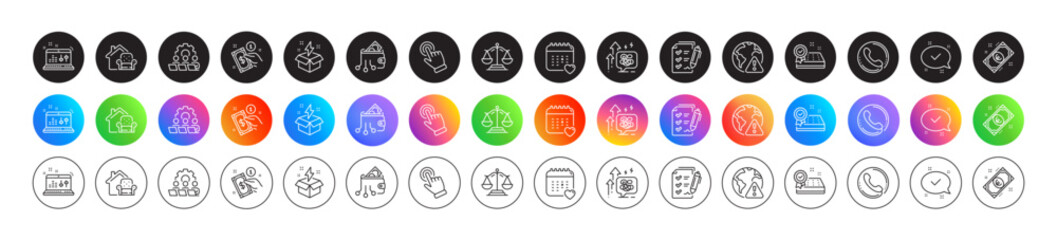 Healthcare calendar, Sound check and Payment method line icons. Round icon gradient buttons. Pack of Stress grows, Euro money, Approved icon. Vector