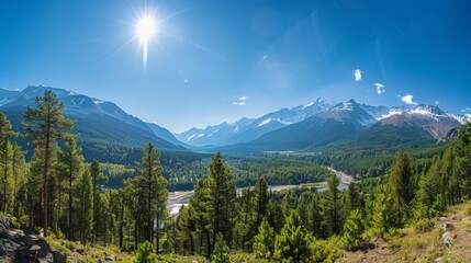 Majestic Mountain Landscape with Snow-Capped Peaks and Lush Forest.