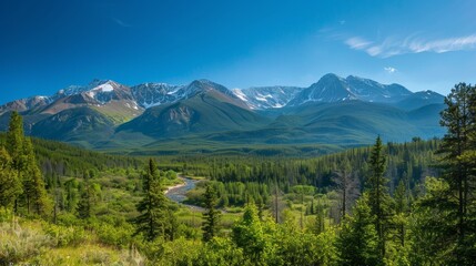 Majestic Mountain Range with Winding River and Lush Forest.