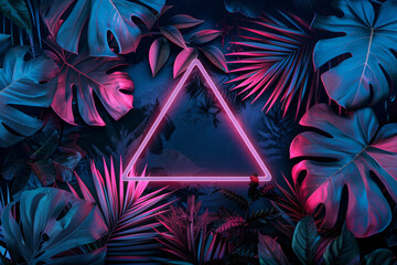 Tropical plants and leaves with neon glowing triangles in a frame on a dark background, in a flat lay composition, depicting a nature concept. A creative color layout.