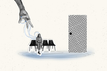 Composite photo collage of scared girl sit chair hand choose fired employee out door bullying...