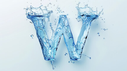 Capital letter W made of blue water splashes or ice on light background. Scrapbook activity. Generative AI