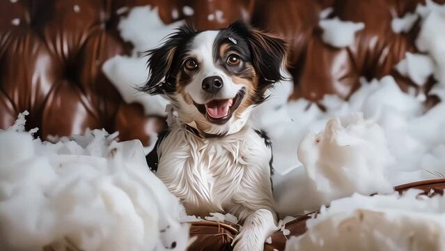 Funny guilty dog making a mess on the furniture