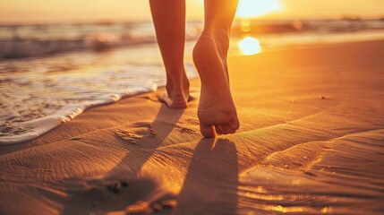 woman is feet walking on the sandy beach