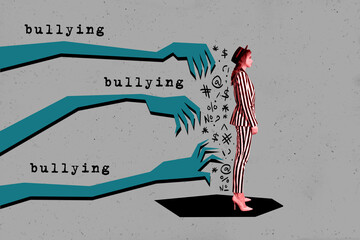 Composite photo collage of unhappy girl bullying threat hands insult offensive words hate...