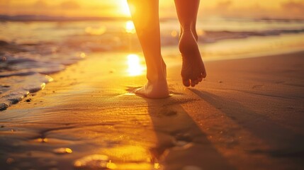 woman is feet walking on the sandy beach