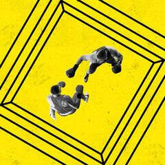 Top view of two muscular men, boxing athletes fighting on abstract yellow ring. Contemporary art...