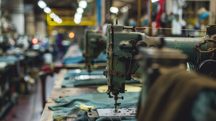 Sewing machines arranged in a workshop.

