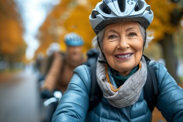 Portrait of a beautiful lady who is riding a bicycle with her elderly friends.